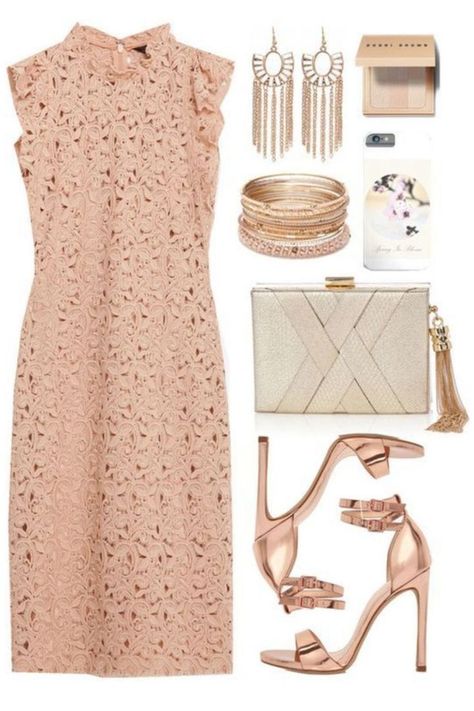 Pink Dress Styling, Pastel Pink Dresses, Dress Styling Ideas, Rose Dress Outfit, Rose Gold Pumps, Rose Gold Clothes, Pastel Pink Dress, Rose Gold Accessories, Dress Styling