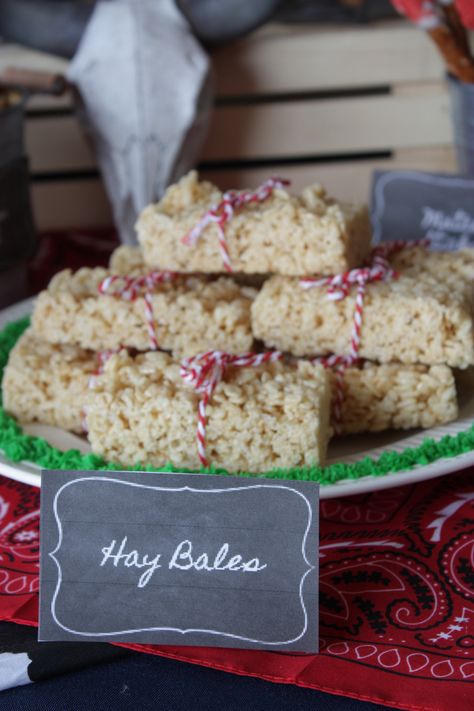 Rice Krispie hay bales Cowboy First Birthday, Farm Themed Birthday Party, Western Birthday, Barnyard Party, Chili Cook Off, Hay Bales, Rice Crispy Treats, Farm Party, Crispy Treats