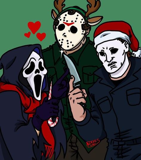 Devils on Instagram: "Merry merry to all! . . . #slasher #slashers #jasonvoorhees #ghostface #michaelmyers #fridaythe13th #scream #halloween #knife #horror #horrormovies #kittenvondoom" Michael Myers And Jason, Jason Vorhees, Christmas Horror, Michael X, Scream Halloween, Michael Myers Halloween, Scary Movie, Knife Art, Jason Voorhees