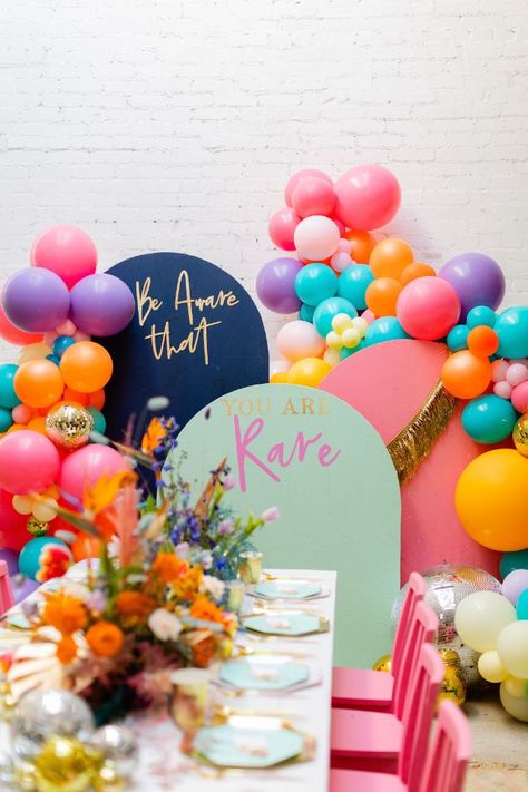 Birthday Activities For Adults, Iridescent Table, Birthday Party Inspiration, Panel Backdrop, 36 Birthday, Colorful Birthday Party, Birthday Activities, Donut Party, Colorful Birthday