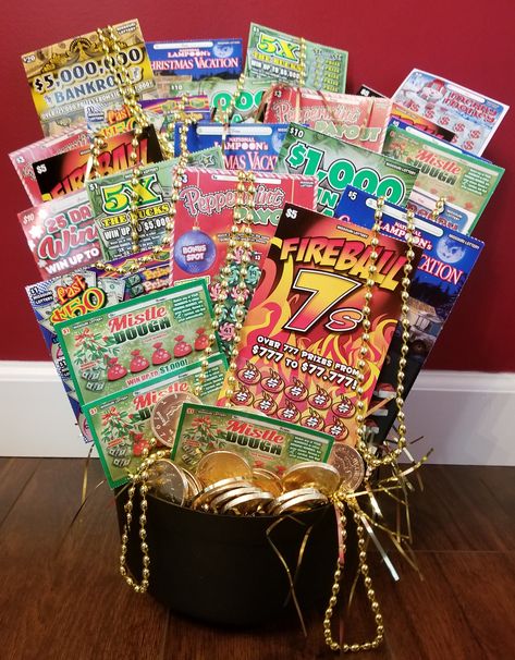 Pot Of Gold Lottery Ticket Basket, Lotto Ticket Basket Auction Ideas, Lottery Raffle Basket, Holiday Lottery Ticket Gift Ideas, Lotto Ticket Raffle Basket, Lottery Gift Basket Ideas, Lottery Ticket Silent Auction Basket, Lottery Ticket Basket Raffle, Lottery Ticket Auction Basket