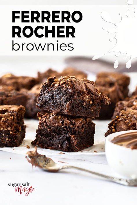 Try these fudgy Ferrero Rocher Brownies for the ultimate indulgent treat. Rich and gooey, these rich chocolate brownies are loaded with Ferrero Rocher chocolates and topped with swirls of Nutella. If you love chocolate, Ferrero Rocher, Nutella and brownies you'll fall head over heels for these extremely easy to make, decadent brownies #sugarsaltmagic #nutellabrownies #brownies #ferrerorocher #chocolatebrownies Ferrero Rocher Cookies Recipe, Ferrero Rocher Recipes, Ferrero Cookies, Ferrero Rocher Brownies, Chocolate Ferrero Rocher, Decadent Brownies, Church Recipes, Chocolate Slice, Ferrero Rocher Chocolates