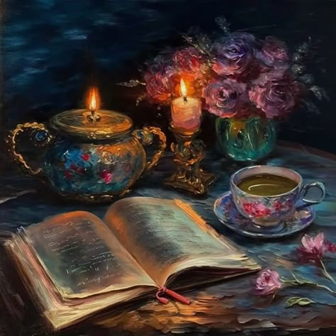 Whimsical Still Life, Magical Oil Painting, Dark Still Life Painting, Teacup Painting Ideas, Candle Still Life, Candle Art Painting, Fantasy Oil Painting, Candles Colorful, Beautiful Culture