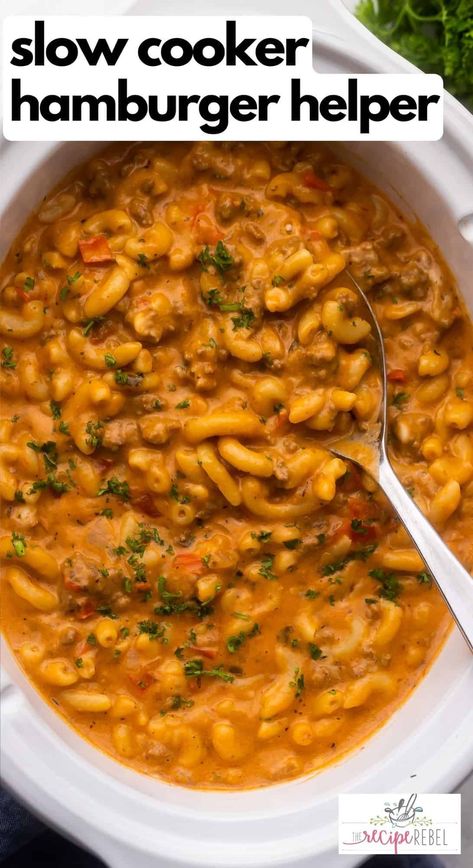 This Slow Cooker Hamburger Helper is easily made entirely in the Crockpot, with ground beef and macaroni in a cheesy, tomato-y sauce with extra veggies! It's hearty comfort food made easy! #slowcooker #crockpot | crockpot meals | slow cooker recipes | ground beef recipes | comfort food | family dinner ideas | macaroni | easy dinner recipes | one pot meals Cheesy Slow Cooker Recipes, Crock Pot Dinner Ground Beef, Fall Recipes Ground Beef, Crockpot Hamburger Recipes Healthy, Burger Meat Crockpot Recipes, Slow Cooker Meal With Ground Beef, Crockpot Meal Hamburger Meat, Hamburger Crock Pot Recipes Ground Beef, Hamburger Helper Slow Cooker