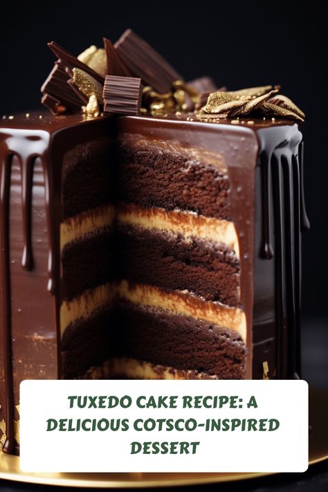 Tuxedo Cake Recipe: Costco Copycat - WatuDaily #cakerecipe Tuxedo Cake Recipe, Costco Copycat, Chocolate Tuxedo, Tuxedo Cake, 10 Cake, Homemade Cake, Christmas Party Food, Chocolate Cake Recipe, Homemade Cakes