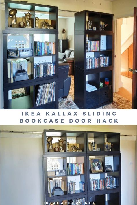 Sliding Bookcase Doors KALLAX hack to divide your rooms Sliding Door With Shelves, Kallax Hack Room Divider, Bookcase With Doors Diy, Bookcase Room Divider Ideas Ikea Hacks, Diy Sliding Bookcase, Double Sided Bookcase Room Dividers, Kallax Sliding Door, Bookcase Doors Diy, Sliding Bookshelf Door Diy