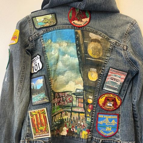 This Saturday!!!! Fall in love with that denim jacket again ❤️ join @jenndoeart as she leads a class in painting a beach scene on a denim jacket. 🌊. #thingstodotacoma #tacomawa #tacomaevents #craftyaf #roamtacoma #getcraftywithus #getcraftyafwithus Denim Jacket With Patches And Pins, Denim Jacket Painting, Jean Jacket With Patches, Denim Jacket Painted, Denim Jacket With Patches, Patched Denim Jacket, Nature Graphics, Patched Jacket, Jacket Painting