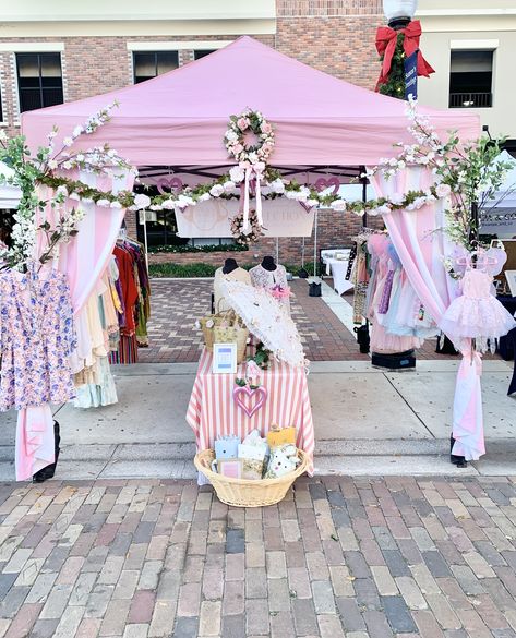 Farmer’s market whimsical pink pop-up shop tent Boutique Pop Up Tent Display Ideas, Pop Up Shop Tent Ideas, Pink Craft Fair Booth, Farmers Market Pop Up, Pink Vendor Booth, Boutique Tent Display, Pink Pop Up Shop, Clothing Pop Up Shop Ideas Indoor, Pop Up Tent Decorating Ideas