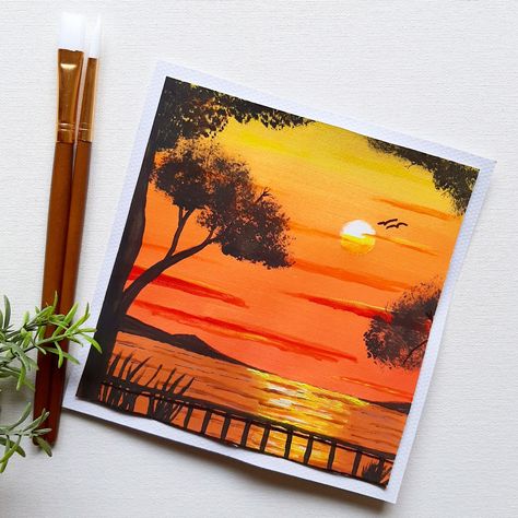 Beautiful Nature Drawing Painting, Sunset Mini Painting, Sunset Gouache Painting, Beautiful Sunset Paintings, Beautiful Nature Drawings, Cute Aesthetic Sketches, Cute Sunset Paintings, Watercolor Art Sunset, Simple Sunset Painting