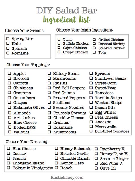 DIY Salad Bar Ingredient List – FREE PRINTABLE! Salad Bar Ingredients, Salad Bar Party, Diy Salad Bar, Diy Salad, Saturday Lunch, Chicken Kale, Roast Beef Sandwich, Resep Smoothie, Kitchen Ingredients