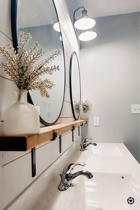 Master bathroom decor. @liketoknow.it @liketoknow.it.home #liketkit #LTKhome #LTKstyletip #LTKunder50 http://liketk.it/37TSv Shelf Above Sink, Shiplap Bathroom Wall, Farmhouse Bathroom Mirrors, Bathroom Design Small Modern, Bathroom Mirror With Shelf, Shiplap Bathroom, Vanity Shelves, Floating Shelves Bathroom, Wall Mirror With Shelf