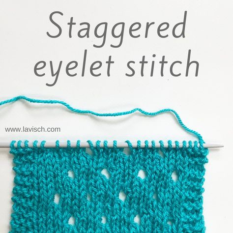 The staggered eyelet stitch shown in blue yarn on a knitting needle. Eyelet Stitch, Contemporary Knitwear, Lace Knitting Stitches, Simple Stitch, Second Hand Stores, Edge Stitch, Paintbox Yarn, How To Start Knitting, Knit Stitch Patterns