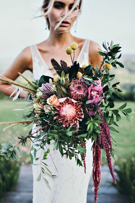 Bohemian Protea Wedding Bouquet Marsala Bouquet, Holding A Bouquet Of Flowers, Protea Wedding, Modern Wedding Bouquets, Julia Rose, Protea Bouquet, Wedding Flower Guide, Holding A Bouquet, Bouquet Bride