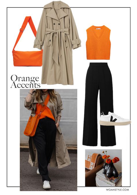 Spring Orange Outfits, Orange And Gray Outfit Ideas, Orange Bag Styling, Orange Bag Outfit Winter, What Colour Goes With Orange, Orange Shirt Outfit Ideas, Orange Bags Outfits, Orange Trainers Outfit, Orange Knit Vest Outfit