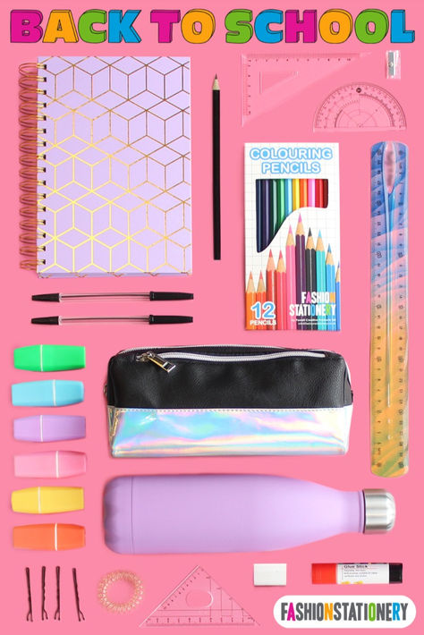 List of items like pens, colouring pencils, highlighters & maths set that are needed for children in secondary school. Also shown are notebooks & top 10 pencil cases that can be bought from our shop with a 3 for 2 promotional code Pencil Case Essentials, Black Pencil Case, Travel Packing Essentials, Kawaii Cups, School Survival Kits, School Products, Essentials Checklist, Study Stuff, Study Aesthetics