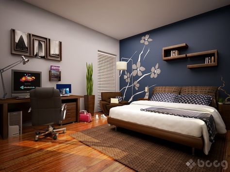 Master Bedroom colors? Gray walls with navy blue accent wall Masters Bedroom, Perete Accent, Bedroom Paint Colors Master, Blue Accent Walls, Bedroom Wall Designs, Bedroom Wall Colors, Accent Wall Bedroom, Wooden Floors, Bilik Tidur