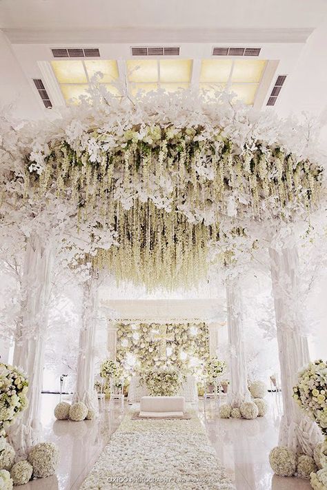 Gorgeous Wedding Ceremony ~ Axio Axio  | bellethemagazine.com Indian Flowers, All White Wedding, Ceremony Flowers, Mod Wedding, Wedding Aisle, Indoor Wedding, The Ceiling, Wedding Cake Designs, Wedding Deco