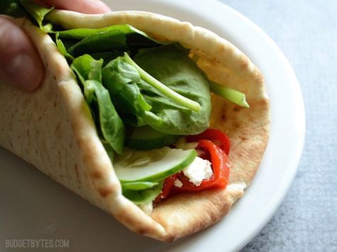 These quick and flavorful Roasted Red Pepper Hummus Wraps are a great no-cook, no-reheat lunch idea. Fresh and light for summer. Step by step photos. Hummus Wraps, Hummus Wrap, Pepper Hummus, Roasted Red Pepper Hummus, Healthy Afternoon Snacks, Red Pepper Hummus, Budget Bytes, My Wallet, Easy One Pot Meals