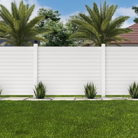 Louvered Privacy Fencing - Vinyl Fencing - Barrette Outdoor Living Louvered Fence, Fence Around Pool, Yard Fencing, Fence Landscaping Border Backyard Ideas, White Vinyl Fence, Vinyl Fence Panels, Vinyl Privacy Fence, Vinyl Fencing, Pavers Backyard