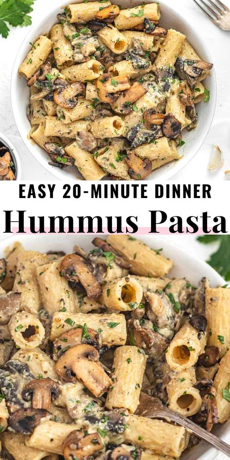 Hummus Pasta Sauce, Hummus Pasta, Plant Based School, Creamy Hummus, Vegan Pasta Dish, Sautéed Mushrooms, Plant Based Diet Recipes, Vegan Pasta Recipes, Vegan Main Dishes