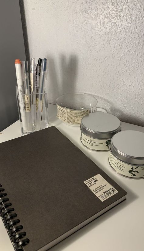 mini muji haul stock up for the winter. candles, a b5 notebook binder with refill grid paper. a glass mug and acrylic pen stand Muji Binder Notebook, Aesthetic Binder School, Notebook And Pen Aesthetic, Binder Notebook Aesthetic, Muji Binder, Muji Haul, Binder Aesthetic, Aesthetic Binder, Muji Stationary