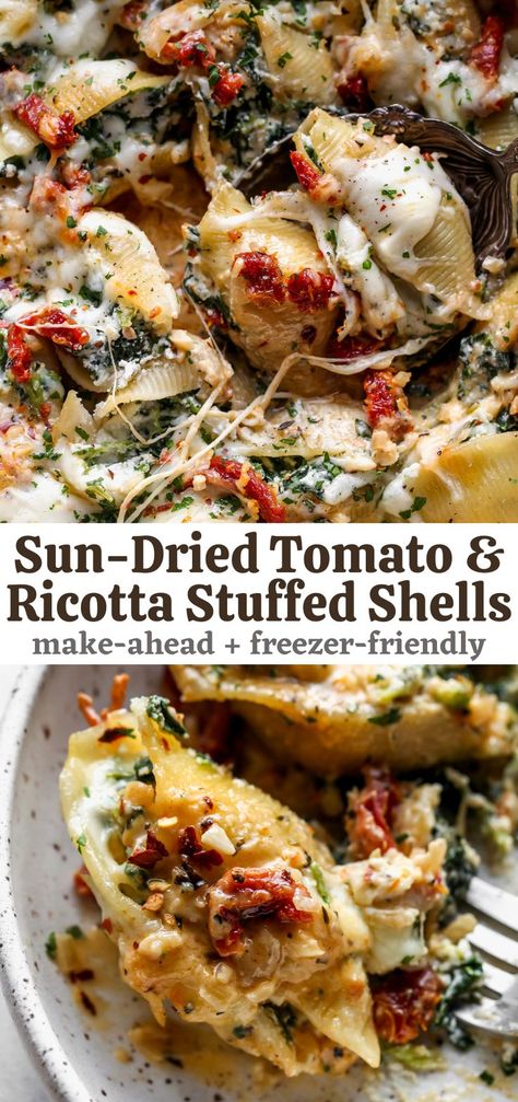 Sundried Tomato Stuffed Shells, Dinner Ideas Impressive, Great Vegetarian Recipes, Vegetarian Friendly Dinners, Italian Food For A Crowd Main Dishes, Easy Dinner For Hosting, Good Vegetarian Recipes Dinners, Recipes For Entertaining Main Dishes, Healthy Good Food Dinner