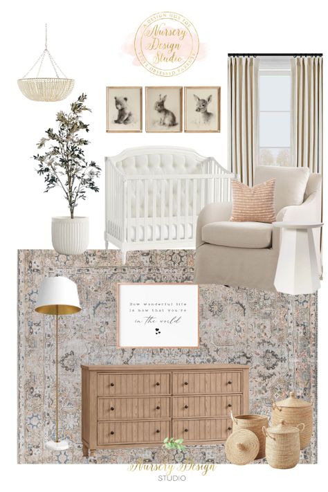 Bringing the beauty of the great outdoors into our little one's haven with the prettiest woodland wall art prints, a gorgeous nursery rug, and a soothing muted color palette :herb::fallen_leaf: #WoodlandNursery #NurseryRug #MutedColors" Gorgeous Nursery, Nursery Design Board, Luxury Nursery, Simple Nursery, Kids Room Murals, Woodland Wall, Nursery Style, Nursery Room Inspiration, White Nursery