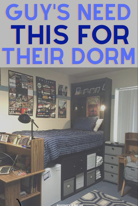 Guy Room Ideas College Dorms, College Dorm Room Decor For Guys, Dorm Hacks For Guys, Dorm Stuff For Guys, College Dorms For Guys, Dorm Boys College, Men’s Dorm Room Decor, College Dorm Neccesities, Aesthetic Dorm Organization