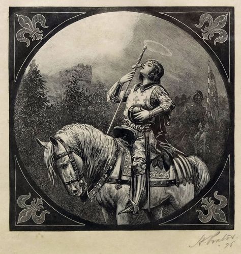 Jules Prater (1879-1947) - Six engravings, including - Joan of Arc wearing armour and mounted upon a horse at the head of her troops, 5.25ins x 5.25ins, signed and dated '25 in pencil, the Margate Memorial showing fisherman looking out to sea at the wreck of a fishing boat, 8ins x 4.75ins, signed and dated '27 and numbered 4 of 75 in pencil, together with four others, various, all framed and glazed Provenance: By family descent Joan Arc Illustration, Saint Joan Of Arc Art, Joan Of Arc Statue, Santa Joana D'arc, Joan D Arc, Images Terrifiantes, Saint Joan Of Arc, Jeanne D'arc, St Joan