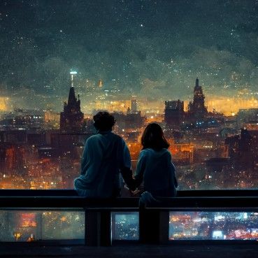 Romantic Scenery Painting, Couple Stargazing Art, Night Aesthetic Romantic, Couple On A Balcony, Couple Night Out Aesthetic, Bangkok Rooftop, Couples City, Kyoto Art, Kids In Love