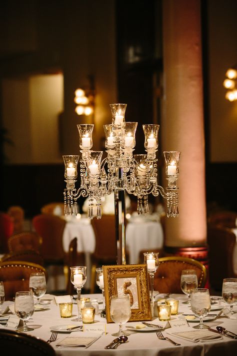 Photo via Project Wedding Glamour Wedding Decor, Hollywood Glamour Wedding, Vintage Wedding Reception, Hollywood Glam Wedding, Candelabra Centerpiece, Old Hollywood Wedding, Crystal Candelabra, Hollywood Wedding, Wedding Reception Centerpieces