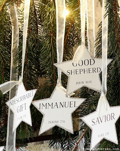 Printable Star Ornaments with the Names of Jesus and Scripture references. Use as a Countdown to Christmas or as part of Advent. #hymnsandverses #advent #countdowntochristmas #christmascountdown #starornament #starornaments #printable #printableornaments #printables #pinebranch #christmasprintable #diyornament #christmasdecor Advent Christmas Decorations, Nativity Theme Christmas Tree, Ward Christmas Gift Ideas, Christmas Tree Ideas Christian, Christian Christmas Decorations Home, Christmas Christian Decorations, Christian Diy Christmas Ornaments, Star Themed Christmas Decorations, Manger To The Cross Christmas