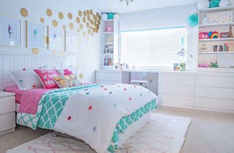 Teen Girl Bedroom Makeover in Turquoise and White and Gold Ikea Malm And Billy Hack, Built In Dresser And Desk In Bedroom, Malm Built In Hack, Desk And Dresser Combo, Ikea Room Inspiration, Ikea Built In Desk Hack, Dresser Desk Combo, Desk Dresser Combo, Ikea Malm Dresser Hack