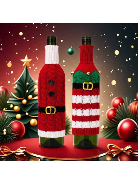 1pc Christmas Wine Bottle Cover, Decoration, Jingle Bells Red & Green Wine Bottle Set, Festive Decor For Restaurant Party Multicolor    Fabric     Kitchen & Dining, size features are:Bust: ,Length: ,Sleeve Length: Wine Bottle Christmas Decorations, Green Wine Bottle, Christmas Wine Bottle Covers, Decor For Restaurant, Wine Bottle Sleeves, Bottle Decorations, Bottle Dressing, Christmas Wine Bottle, Restaurant Party