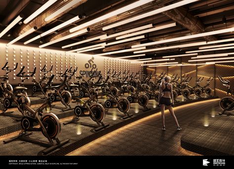 Futuristic Heavy Industry Sci-Fi Gym/Fitness Club on Behance Futuristic Gym Design, Luxury Gym Interior, Modern Gym Design, Fitness Center Interior Design, Futuristic Gym, Industrial Gym, Luxurious Gym, Spinning Studio, Indoor Cycling Studio