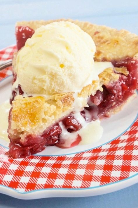 A slice of red tart cherry pie topped with vanilla ice cream. Cherry Pie With Tart Cherries, Red Tart Cherries Recipes, Cherry Pie Recipes Frozen Cherries, Tart Cherry Pie Filling Recipes, Tart Cherry Pie Recipe, Cream Cheese Cherry Pie, Tart Cherry Recipes, Fresh Cherry Pie Recipe, Best Cherry Pie