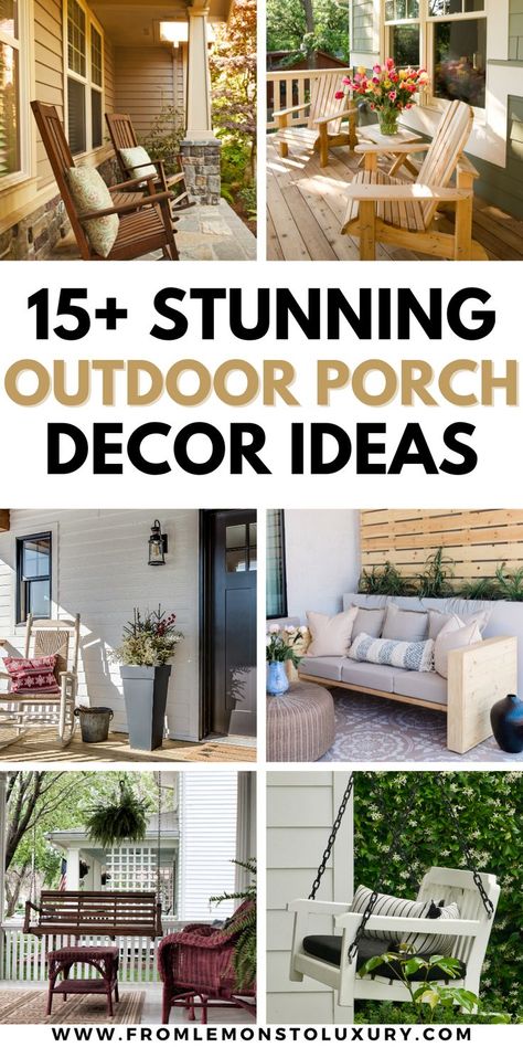 outdoor porch decor ideas Wooden Deck Furniture Ideas, Pretty Porch Ideas, Farm Porch Ideas Country Farmhouse, Back Porch Deck Ideas, Extended Front Porch Ideas, Big Porch Decorating Ideas, Large Porch Decorating Ideas, Cozy Deck Ideas, Front Porch Decks