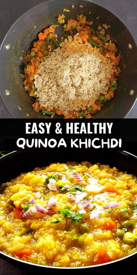 Quinoa khichdi is a delicious one-pot Indian-style quinoa recipe. It's made by cooking quinoa with lentils, vegetables, and Indian spices. This wholesome dish is vegan and gluten-free. Quinoa Recipes Indian, Quinoa Indian Recipes, Quinoa Khichdi, One Pot Rice Recipes, Masala Khichdi, One Pot Rice Meals, Soup One Pot, Cooking Quinoa, Vegan Indian Recipes