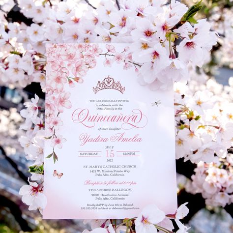 Quinceañera invitation with gentle blush pink cherry blossom floral and a moveable/removable butterfly and dragon fly Cherry Blossom Quinceanera, Quinceanera Rose Gold, 15th Birthday Decorations, Cherry Blossom Party, Invitations Quinceanera, Quince Themes, Pink Quinceanera, Quinceanera Pink, Cherry Blossom Theme