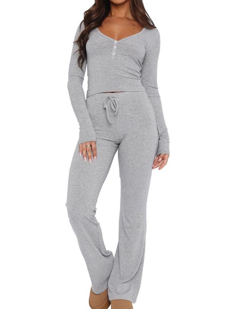 PRICES MAY VARY. Material: 95%Rayon+5%Spandex. soft and lightweight, which is breathable and skin friendly to makes you feel cool and cozy, to enjoy comfortable sleep. Features: Women 2 piece outfits with tight fitting type, solid color. Ribbed knit button down long sleeve crop tops and sweatpants. V-neck lounge sets. Pajama sets for women 2 piece. Fashion outfits: Women two piece tracksuits can be worn both at home or wear it to exercise. And it's the best choice for summer outfits. Occasions: Cozy At Home Outfits, Cozy Home Outfit, Amazon Loungewear, Lounge Sets For Women, Pajamas Outfit, Crop Top And Sweatpants, Cute Sweats, At Home Outfits, Pajama Outfit