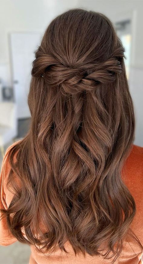 Half Up Half Down Wedding Straight Hair, Formal Dance Hairstyles Half Up, Half Up Brunette Hair, Half Up Half Down Hair For Straight Hair, Wedding Hairstyles Half Up Half Down For Straight Hair, Half Up Brown Hair, Wedding Hair Half Up Half Down Brunette, Bridal Half Up Do, Half Back Wedding Hair