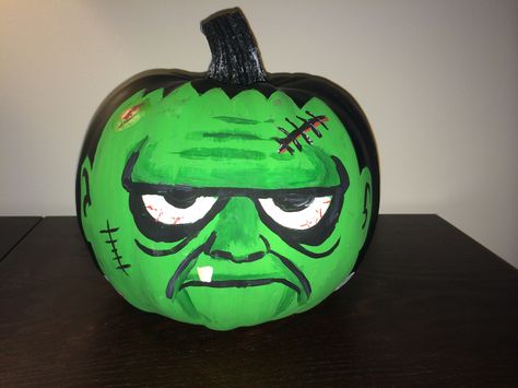 Painted Frankenstein Pumpkin Painting Pumpkins Frankenstein, Green Painted Pumpkins, Painted Frankenstein Pumpkin, Pumpkin Frankenstein Face, Frankenstein Painted Pumpkins, Frankinstine Pumpkin Painting, Pumpkin Painting Frankenstein, Pumpkin Painting Ideas Frankenstein, Zombie Pumpkin Painting