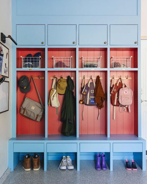 Red and blue storage unit in garage. Blue Mudroom Lockers, Diy Arched Mirror, Long Hallway Entryway, Blue Mudroom, Garage Lockers, Custom Mudroom, Locker Tags, Diy Locker, Inset Cabinetry