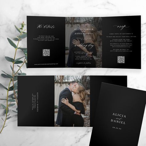 Elegant photo black wedding RSVP details QR code Tri-Fold Invitation Minimalist Black Wedding, Black And White Formal, Elegant Black And White Wedding, Popular Wedding Invitations, Budget Wedding Invitations, Black And White Wedding Invitations, Formal Wedding Invitations, Elegant Photo, Invitation Kits