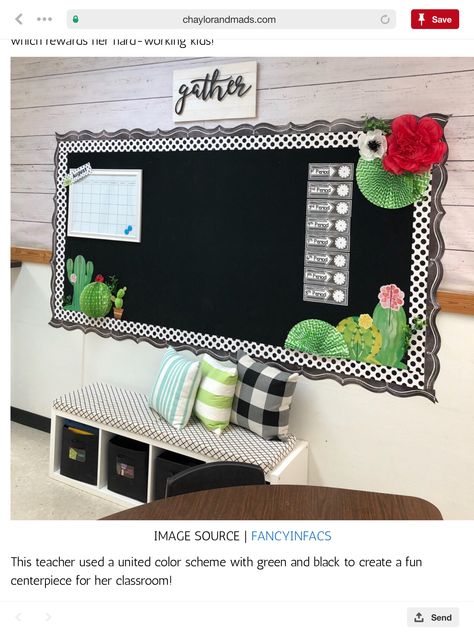 Black white and green Paper Fans Classroom Decor, Above White Board Decor Classroom, Bulletin Board Border Ideas For Teachers, Cozy Bulletin Board Ideas, Modern Farmhouse Bulletin Board Ideas, Positive Classroom Decor, Classroom Borders Ideas, Grass Wall In Classroom, Homey Classroom Ideas