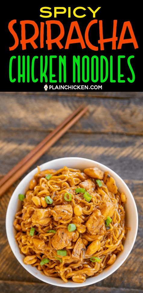 Spicy Sriracha Chicken Noodles - ready to eat in 15 minutes! No joke!!! SO easy!!! Only 6 ingredients - Chicken, ramen noodles, brown sugar, soy sauce, sriracha, and peanuts. Garnish with green onions. Great way to use up leftover chicken! Can add broccoli, green beans or asparagus. We ate this twice in one week. Everyone LOVES this easy noodle bowl!! #chicken #asian #ramen #noodles Spicy Sriracha Chicken, Huli Chicken, Huli Huli, Huli Huli Chicken, Chicken Recipes Easy Quick, Chicken Recipes Easy, Recipes Easy Quick, Sriracha Chicken, Chicken Noodles