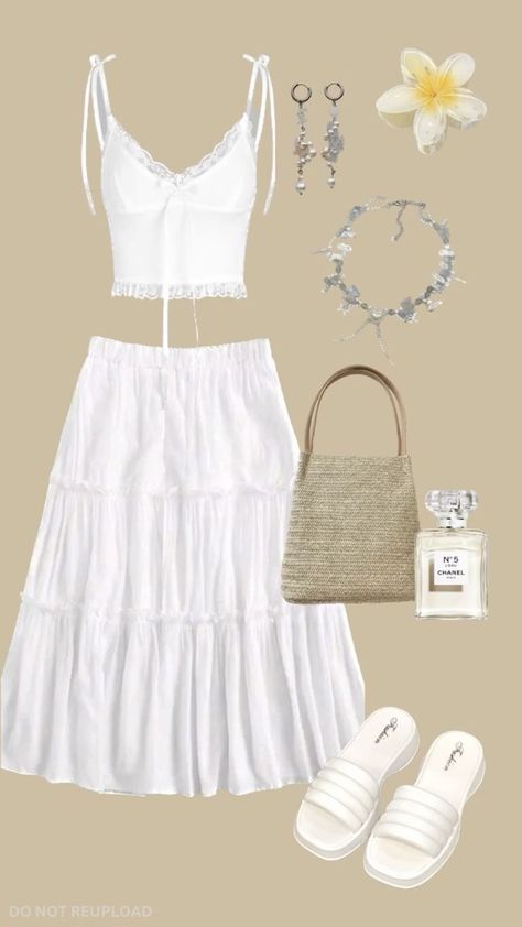 #fashion #style #summer #outfit #summerdress White Flowy Skirt Outfit, Long Flowy Skirt Outfit, White Skirt Outfit Summer, Flowy Skirt Outfit, White Maxi Skirt Outfit, Maxi Skirt Outfit Summer, Beach Vibes Outfit, Luau Outfits, Skirt Outfits Aesthetic