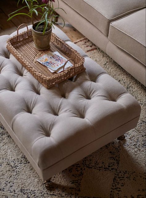 Upholstered Coffee Tables, Ottoman Coffee Table, Kitchen Mirror, Ticking Stripe, Long Day, Furniture Upholstery, Grey Velvet, Gray Linen, Tufting Buttons