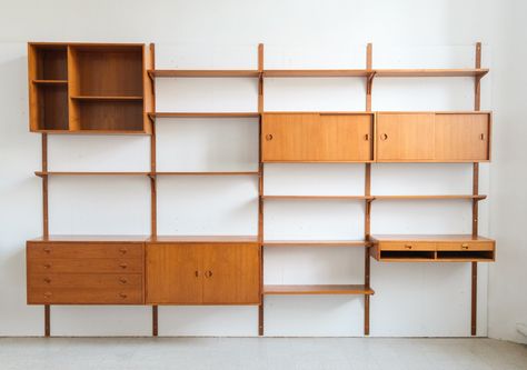 Listed on VNTG.com: Wall unit by HG Furniture, 1960s | #vntg #vintage Full Wall Open Shelving, Midcentury Bookshelf Wall, Living Room Wall Storage Ideas, Mid Century Modern Wall Unit, Full Wall Shelf, Mcm Wall Unit, Bookcase Room Divider Ideas, Home Office Shelf, Mid Century Shelving