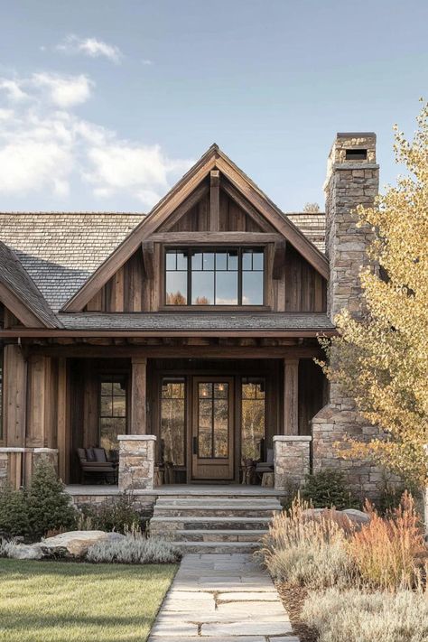 Mountain house front facade with rustic wood siding front porch with stone columns and stone chimney front doors with glass panels imposing mountain in the background. Check out all of these amazing modern rustic mountain houses to blend natural charm with contemporary flair. Stone Wooden House, Rustic Cabin Siding Ideas, Mountain Ranch Style Homes, Rustic Craftsman Exterior, Montana House Exterior, Rustic Farmhouse Exterior Country Houses, Rustic Exterior Design, Rock On House Exterior, Rustic Modern Front Door